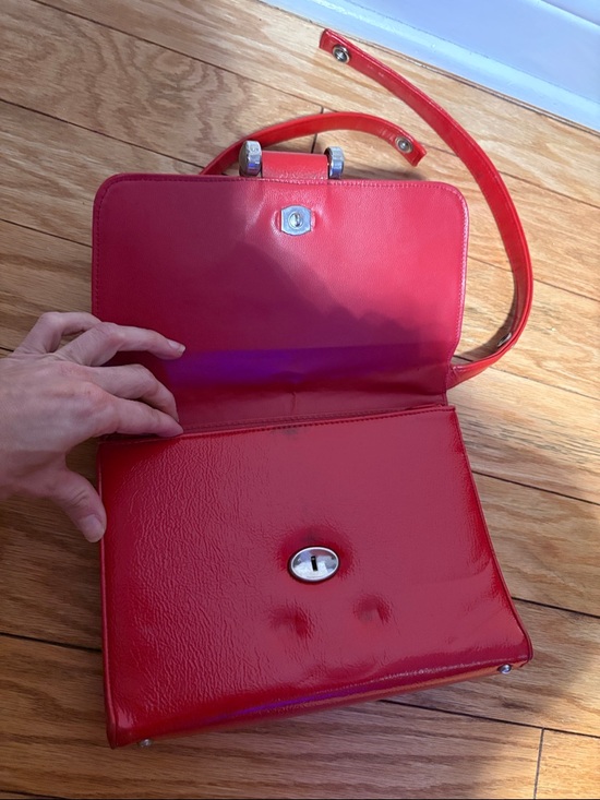 Red Leather Top-Handle Shoulder Bag with Silver D-Ring Accent - Picture 6 of 15